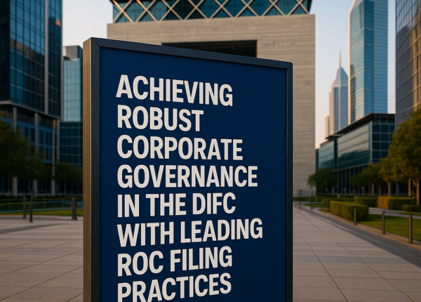 Business professionals reviewing DIFC ROC compliance documents in a modern Dubai office