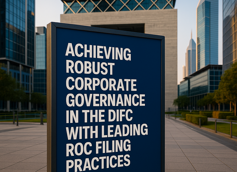Business professionals reviewing DIFC ROC compliance documents in a modern Dubai office