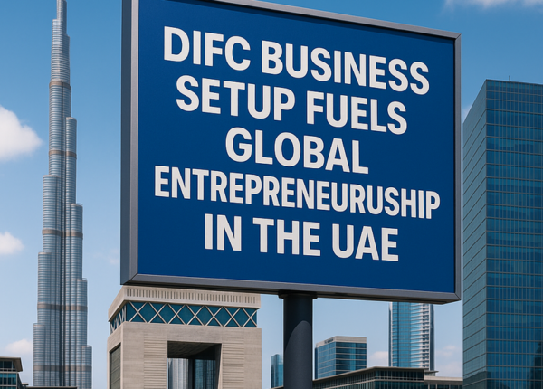 Modern DIFC skyline with international entrepreneurs meeting outdoors in Dubai