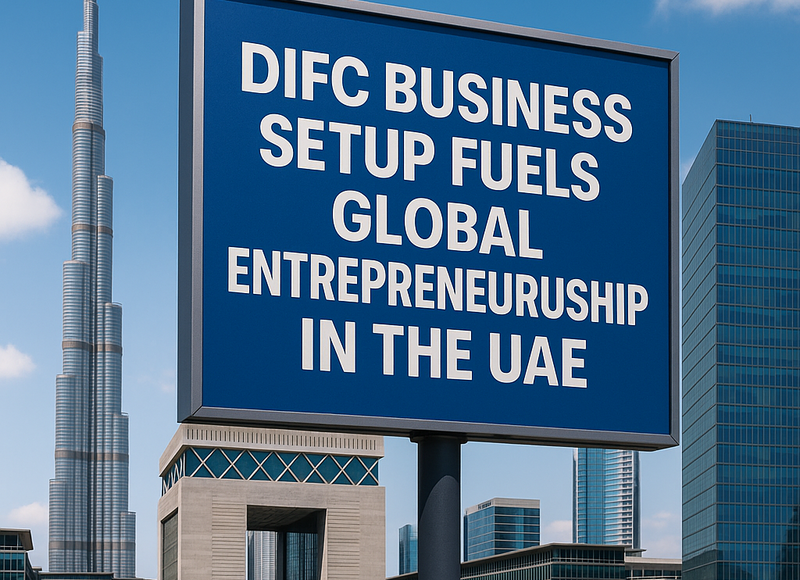 Modern DIFC skyline with international entrepreneurs meeting outdoors in Dubai