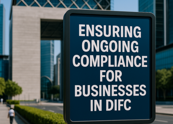 DIFC Skyline with compliance checklist and legal documents overlay
