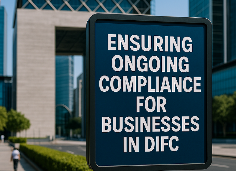 DIFC Skyline with compliance checklist and legal documents overlay