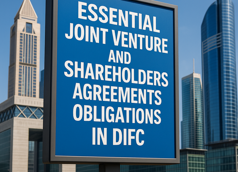 Business partners reviewing joint venture agreements in a DIFC boardroom