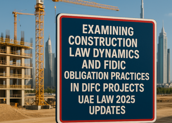 Construction site in DIFC with legal documents and FIDIC contract books
