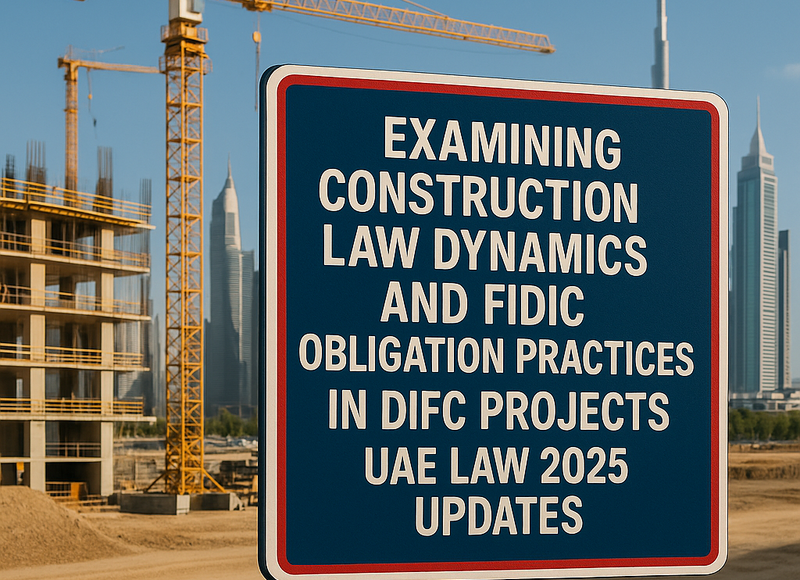 Construction site in DIFC with legal documents and FIDIC contract books