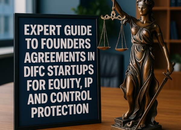 Founders signing legal agreement in DIFC boardroom for equity and IP protection