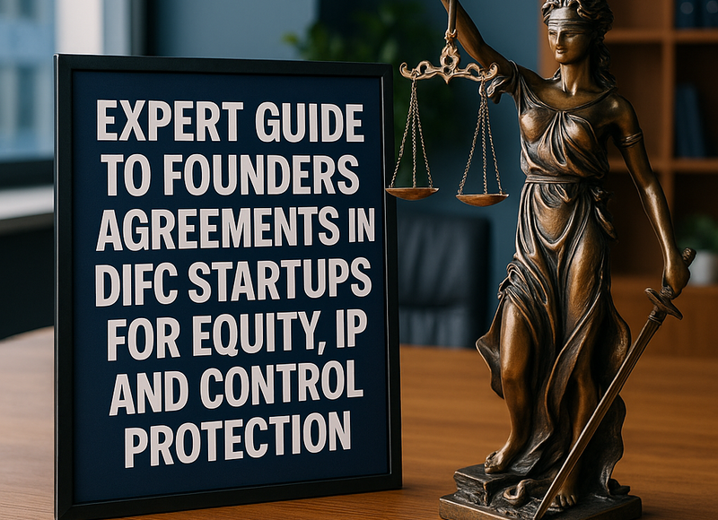 Founders signing legal agreement in DIFC boardroom for equity and IP protection