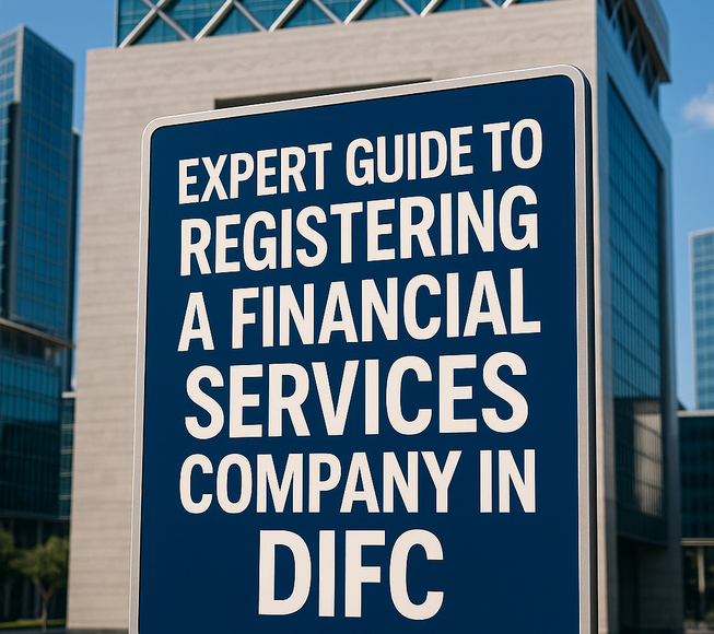 Aerial view of DIFC skyscrapers, legal documents, and businesspeople discussing company registration.