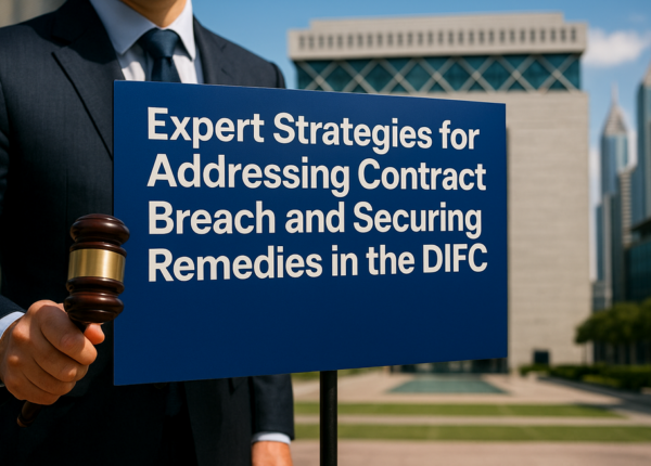 Business professionals in DIFC reviewing contract breach compliance checklists