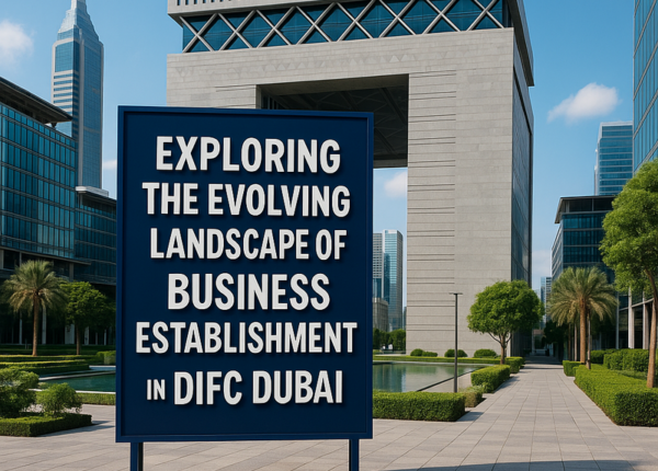 Skyline of DIFC Dubai with business professionals discussing legal documents.