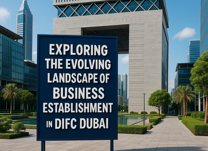 Skyline of DIFC Dubai with business professionals discussing legal documents.