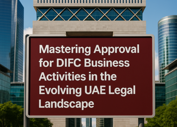 DIFC skyline with legal documents overlay illustrating business approval process