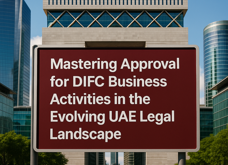 DIFC skyline with legal documents overlay illustrating business approval process