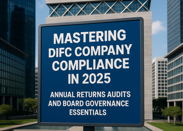 DIFC company professionals reviewing compliance calendar in modern UAE boardroom.