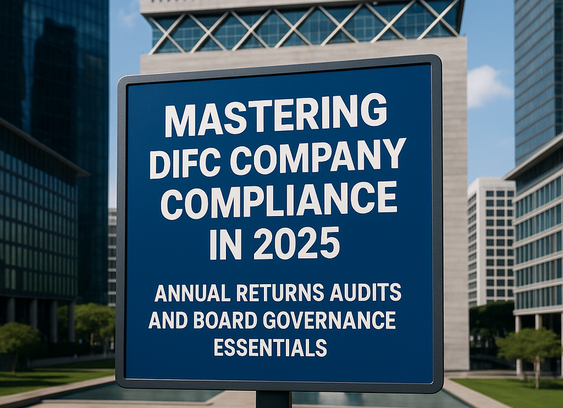 DIFC company professionals reviewing compliance calendar in modern UAE boardroom.