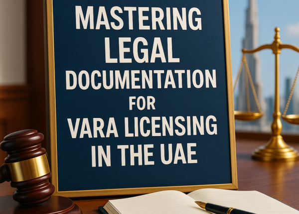 Legal consultant reviewing VARA licensing documents in a modern UAE office.