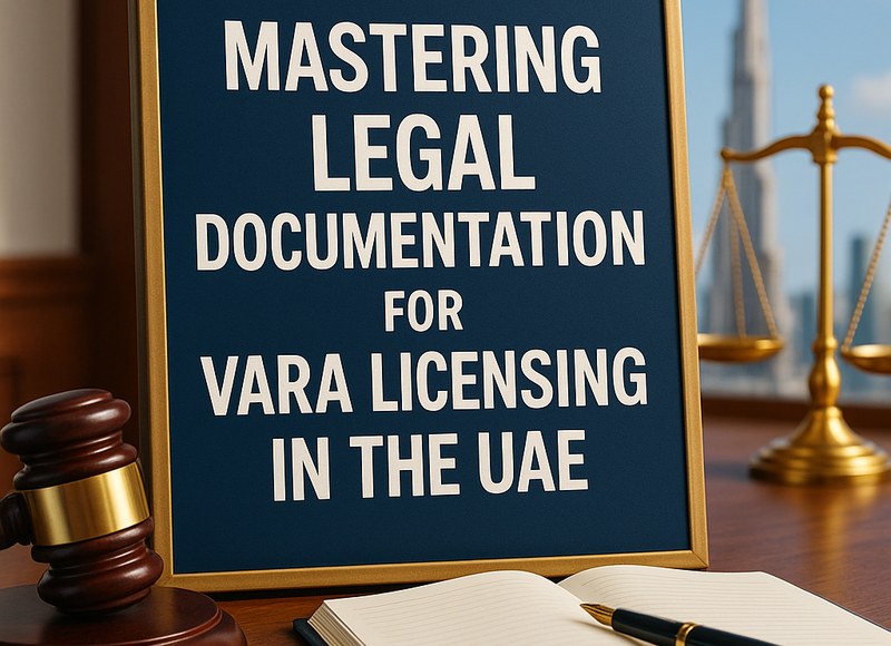 Legal consultant reviewing VARA licensing documents in a modern UAE office.