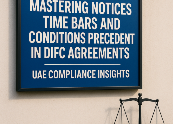 DIFC skyline at sunset with legal documents and digital compliance icons overlay