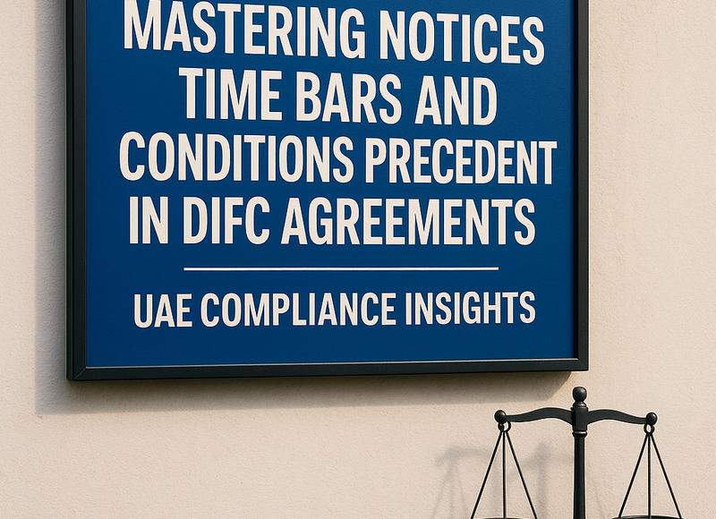 DIFC skyline at sunset with legal documents and digital compliance icons overlay
