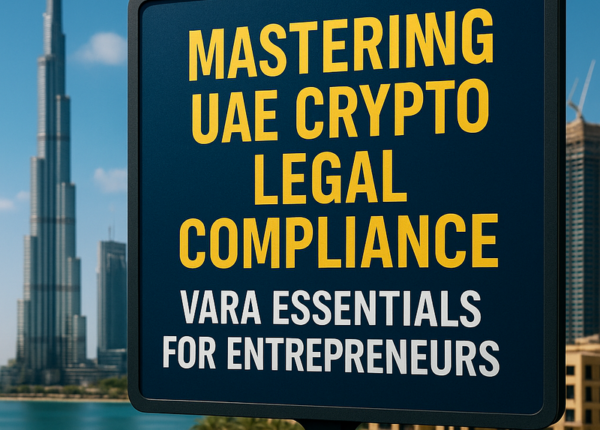 Professional illustration showing UAE crypto entrepreneurs reviewing VARA compliance guidelines on digital tablets