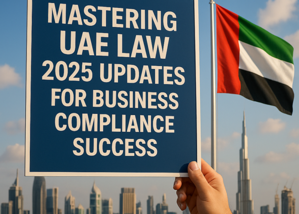Conference room discussion with UAE legal documents and business compliance charts.