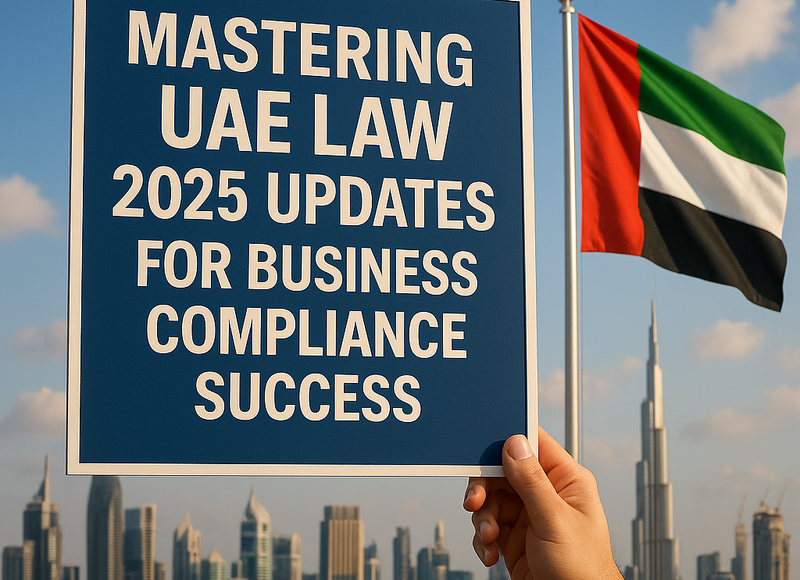 Conference room discussion with UAE legal documents and business compliance charts.