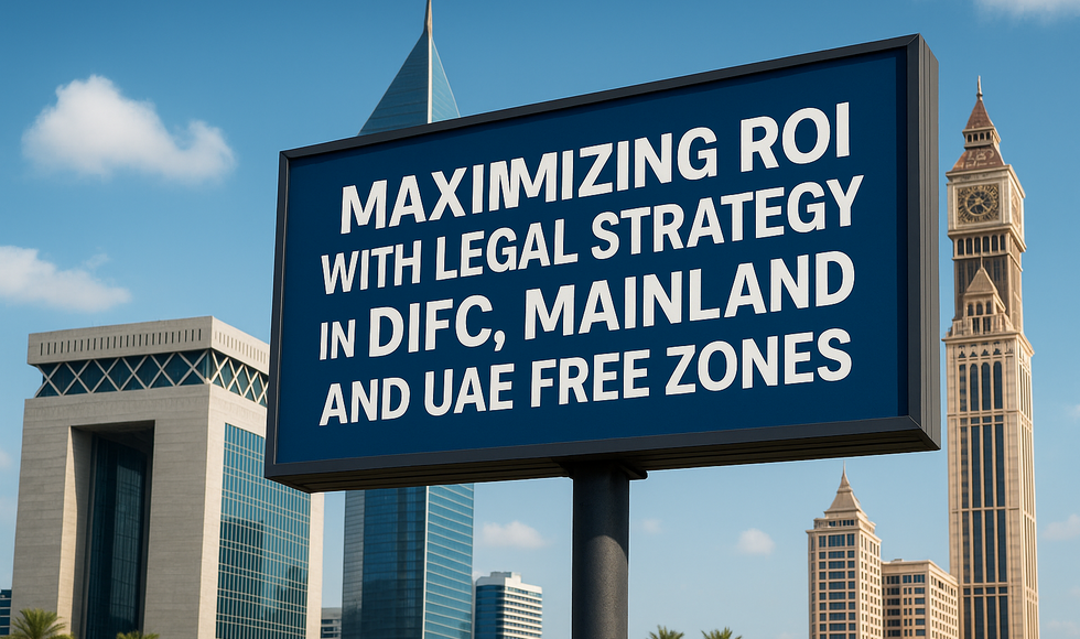 Comparison chart of DIFC, Mainland, and Free Zones illustrating legal and ROI differences.