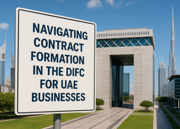 Business professionals reviewing a DIFC legal contract with modern digital tools in Dubai