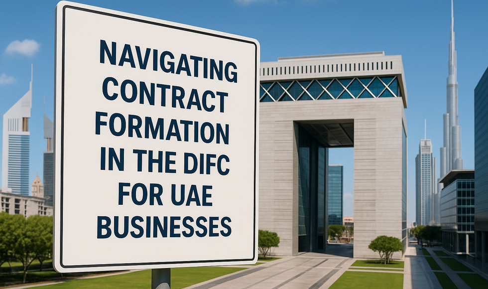 Business professionals reviewing a DIFC legal contract with modern digital tools in Dubai