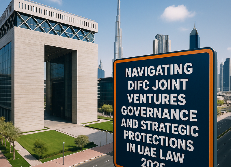 Diagram displaying DIFC joint venture governance, deadlock solutions, and funding protections