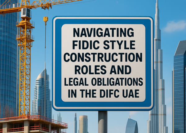 Modern construction site in Dubai DIFC with legal documents and skyline in background