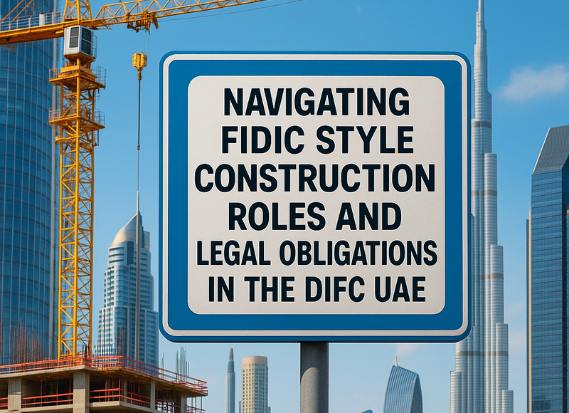 Modern construction site in Dubai DIFC with legal documents and skyline in background