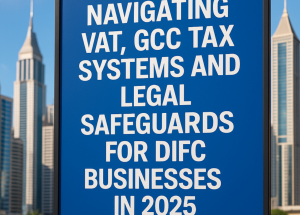 UAE DIFC skyline with tax, VAT, and legal compliance icons overlay