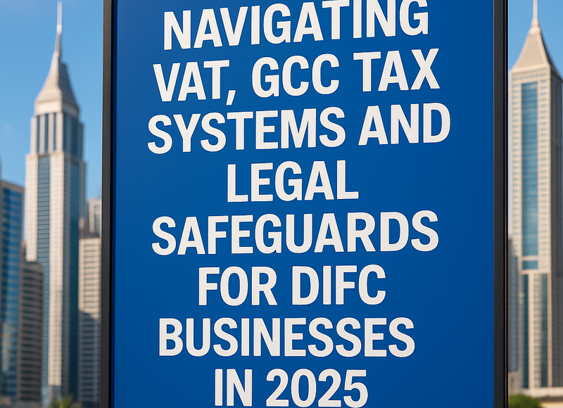 UAE DIFC skyline with tax, VAT, and legal compliance icons overlay