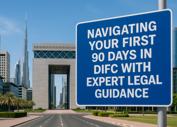 Legal consultant reviews DIFC compliance documents with business team in Dubai office