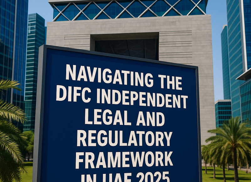 DIFC legal and regulatory framework infographic with UAE skyline