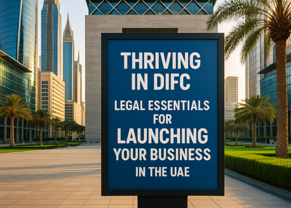 DIFC skyline with legal documents and compliance icons