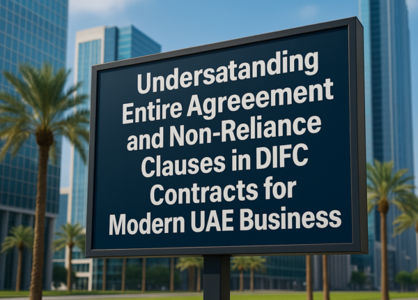 Legal consultant reviewing entire agreement and non-reliance clause documents for DIFC compliance