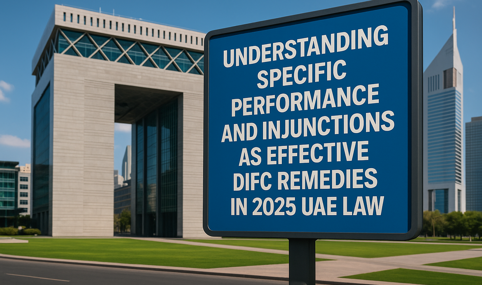 Gavel and legal contract on UAE and DIFC law books, symbolizing court-ordered remedies