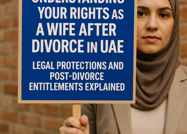 Illustration of legal documents, UAE courthouse, and a symbolic scales of justice representing post-divorce wife rights in the UAE.