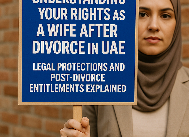 Illustration of legal documents, UAE courthouse, and a symbolic scales of justice representing post-divorce wife rights in the UAE.