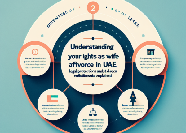 Illustration of legal documents, UAE courthouse, and a symbolic scales of justice representing post-divorce wife rights in the UAE.