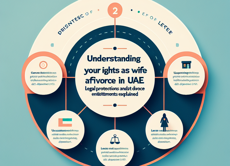 Illustration of legal documents, UAE courthouse, and a symbolic scales of justice representing post-divorce wife rights in the UAE.