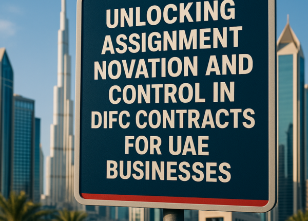 DIFC skyline with business contract and legal gavel symbolising contractual transfer and compliance