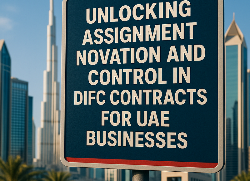 DIFC skyline with business contract and legal gavel symbolising contractual transfer and compliance