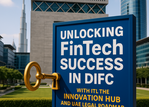 Stylized infographic illustrating the legal FinTech authorisation process in DIFC Innovation Hub.