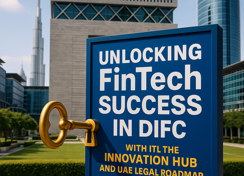Stylized infographic illustrating the legal FinTech authorisation process in DIFC Innovation Hub.