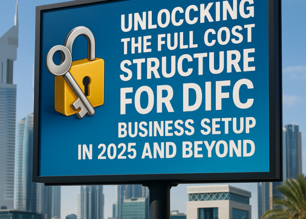 Professional financial advisor reviewing DIFC business setup cost documents in modern UAE office.