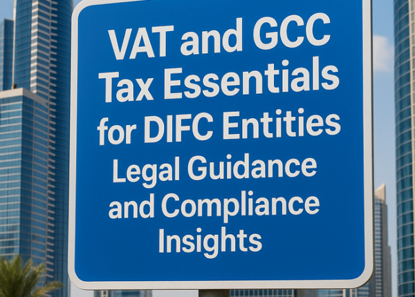 Illustration of UAE DIFC skyline with VAT compliance and GCC tax symbols.