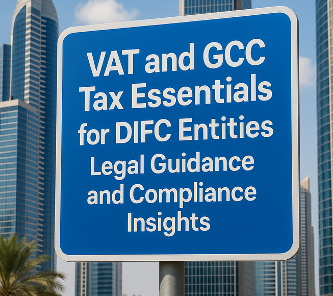 Illustration of UAE DIFC skyline with VAT compliance and GCC tax symbols.